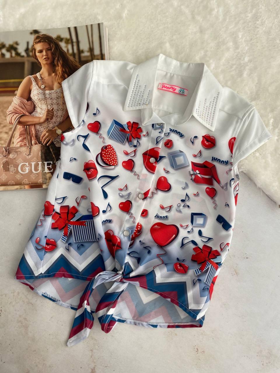 Блузка з червоними сердечками та з камінчиками Білий 2683, Junny, Білий, Для дівчаток, Літо, 122, фото 1