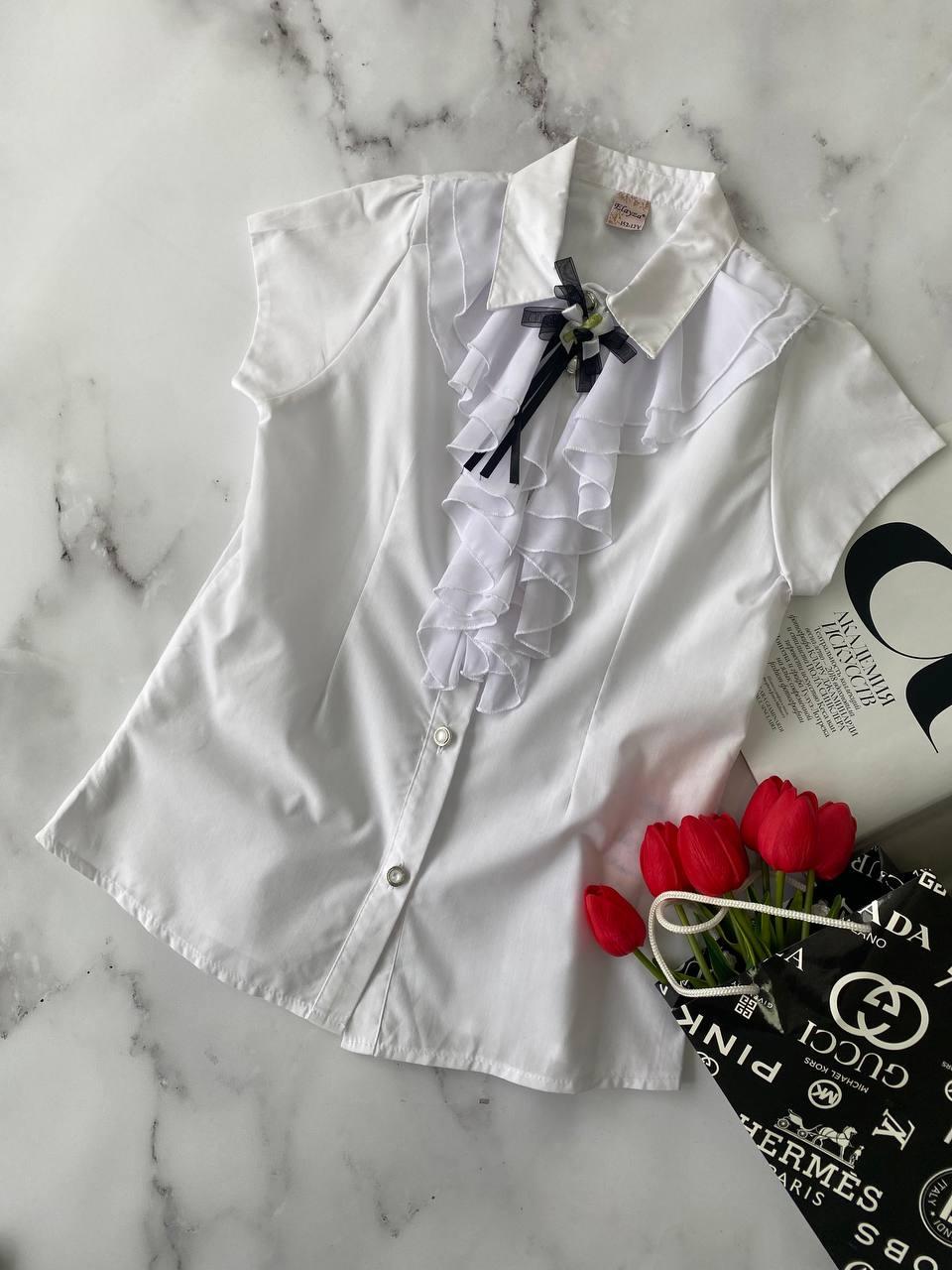 Шкільна блузка з коротким рукавом на девочку з жабо 6143 Elayra, Белый, Для девочек, Весна Осень, 152 см, фото 1