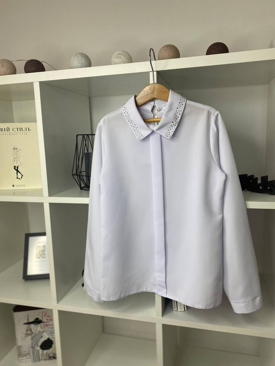 Шкільна біла блуза сорочка для дівчинки зі стразами Jolanda, Белый, Для девочек, Весна Осень, 134 см, фото 1