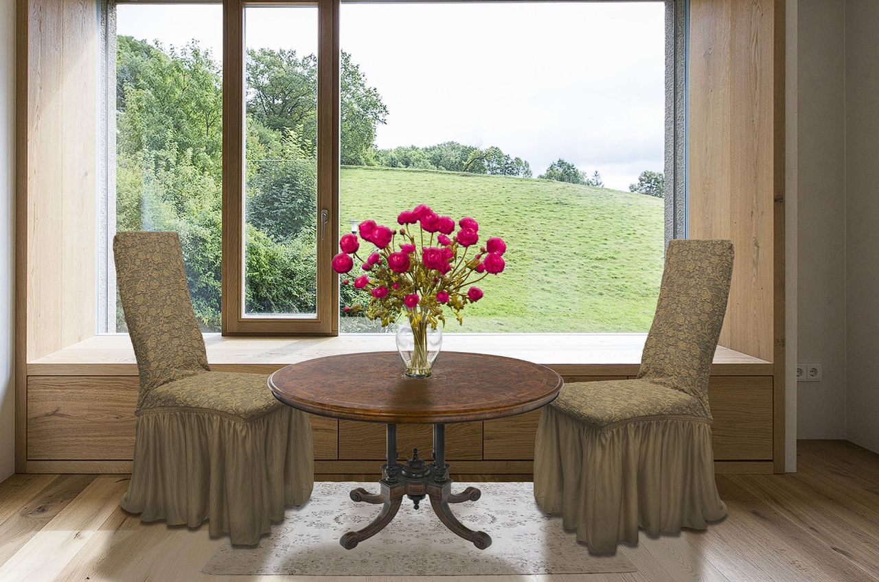 Чохли на стільці жаккардові зі спідницею Туреччина, готові чохли на стільці зі спинкою універсальні Пісочний, фото 1