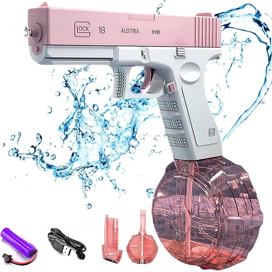 Водяний пістолет Glock електричний, заряджання USB + Великий магазин — Рожевий