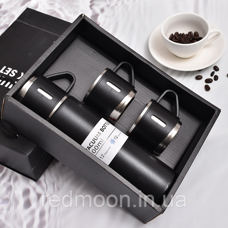 Набір термос 500 мл + 3 чашки Vacuum Flask Set, Чорний / Подарунковий набір для гарячих напоїв, фото 1