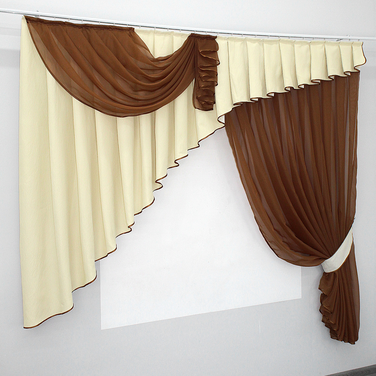 Комплект, ламбрекен та штора на карниз 1,9м. Колір коричневий з молочним. Код 00лш 79-020, фото 1