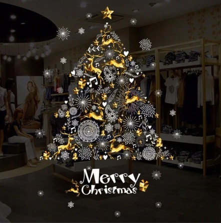 Наклейки на вікна новорічні Ялинка 90 на 60 см біло-жовтий, фото 1