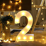 Об'ємна цифра 2 Led декоративна маленька 22 на 13 см білий, фото 2