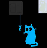 Фосфорная наклейка на выключатель "Кот" - размер стикера 10*15см, (впитывает свет и светится голубым)