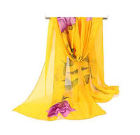 Женский шарф желтый с розою - размер шарфа приблизительно 150*50см, шифон