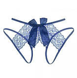 Еротичні труси жіночі з вирізом та бантом сині - розмір універсальний, талія до 90см, фото 2