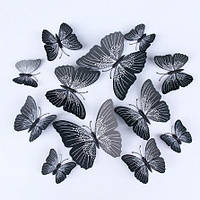 Черные декоративные бабочки на магните - 12шт. (в набор так же входит 2-х сторонний скотч)