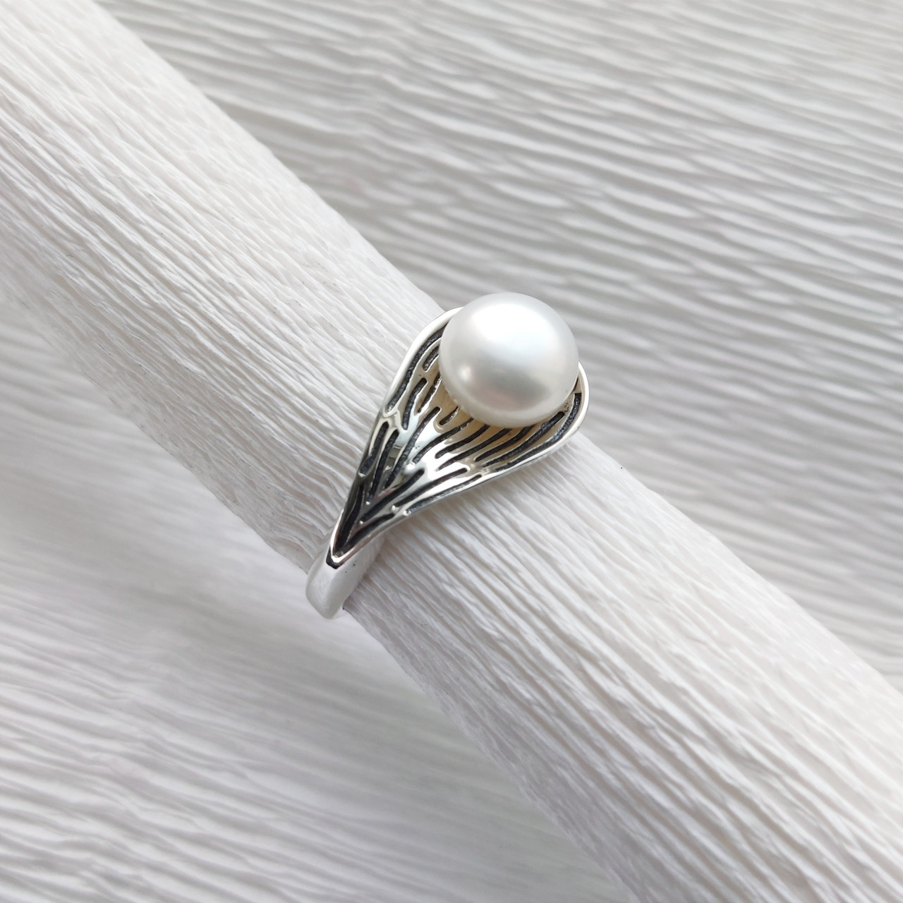 Срібна каблучка з перлиною Авокадо, фото 1