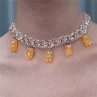 Ожерелье с желейными мишками, цвет оранжевый - длина 30см (+9см), смола, цинковый сплав, пластик
