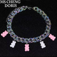 Ожерелье с желейными мишками, розовый + белый - длина 30см (+9см), смола, цинковый сплав, пластик