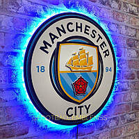 Объёмная эмблема с LED подсветкой ФК "Манчестер Сити", FC Manchester City, 60х60 см, футбольный декор.