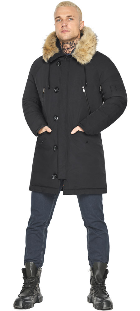 Куртка чорна чоловіча зимова з опушкою модель 42066 (ОСТАЛАСЯ ТІЛЬКИ 56(3XL))