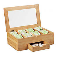 Бамбукова коробка для зберігання чаю з оглядовим віконцем на кришці і висувним ящиком, 8 відділень