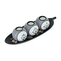 Набор круглых подсвечников на подносе для чайных свечей, МДФ/камень, серо-черный