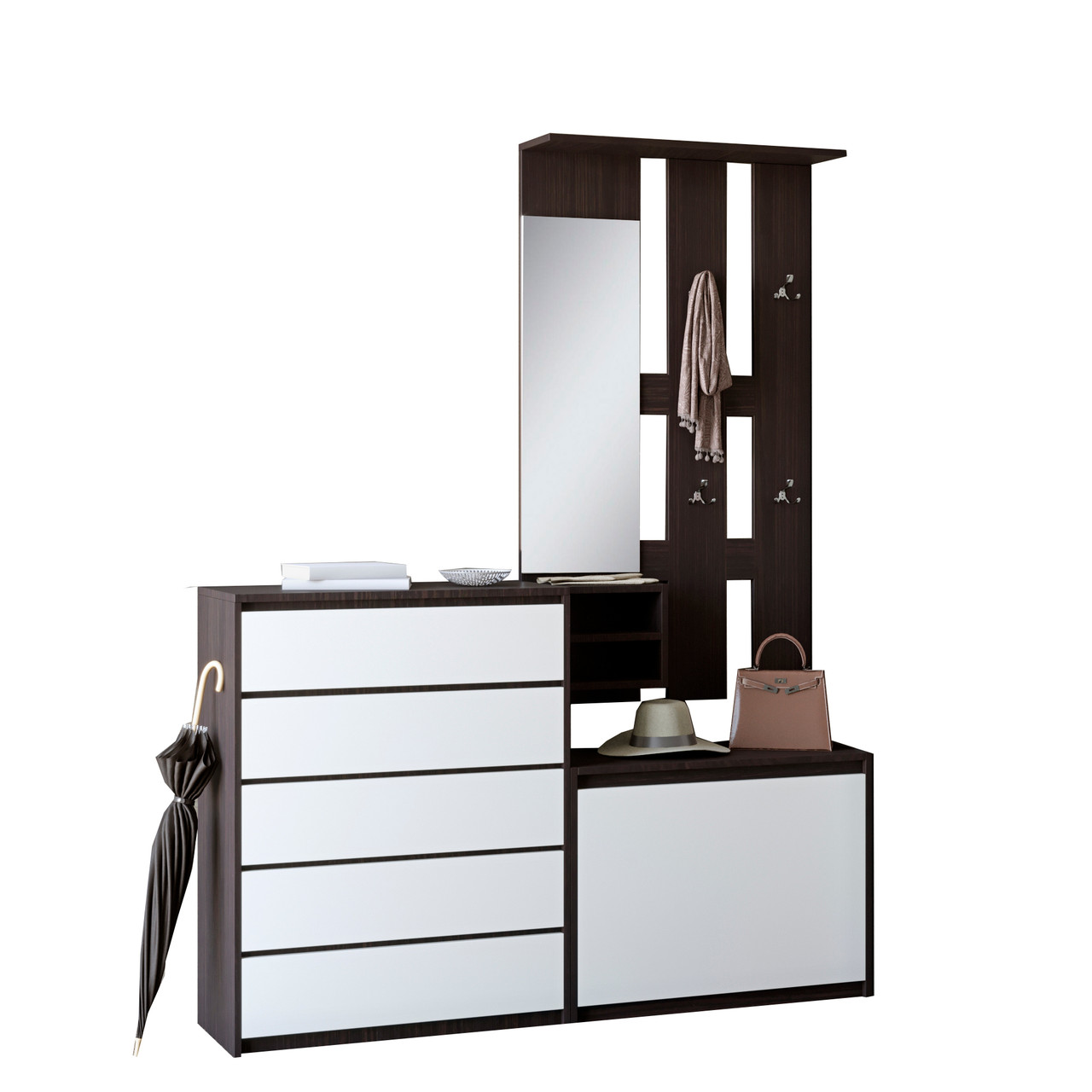 Передпокій для дому Еверест Мікс з комодом на 5 ящиків Мікс-1 (ролики) венге + білий (EVR-2540), фото 1