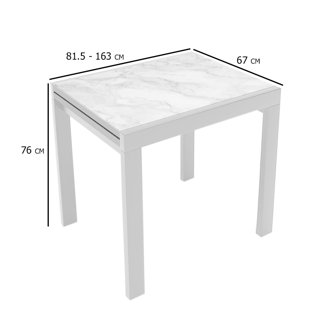 Скляний стіл для маленької кухні розкладний Слайдер 81.5-163Х67 см білий мармур на дерев'яних ніжках, фото 1