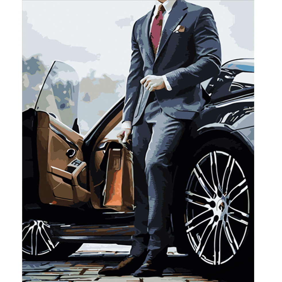Картина за номерами Strateg ПРЕМІУМ Чоловік біля машини розміром 40х50 см (HH075) PL-00038162