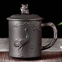 Чашка чорна для чаю з кришкою глиняна Щасливий кіт 350 мл. Кухоль заварник із ісиній глини