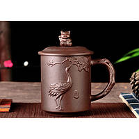 Чашка коричневая для чая с крышкой глиняная Счастливый Кот 350 мл. Кружка заварник из исинской глины