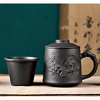 Чашка для чаю із ситом глиняна Квітка сливи чорна 500 мл. Кухоль заварник із ісинської глини
