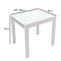 Білий розкладний скляний стіл Слайдер 100-200х82 см на дерев'яних ніжках для невеликої кухні