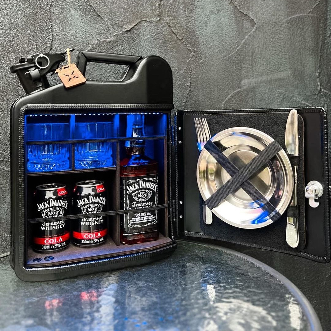 Каністра бар 10 л із посудом і підсвіткою, міні бар для дому, оригінальний подарунок для чоловіка, фото 1