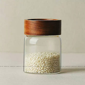 Банка для спецій скло, кришка гвинтова дерево акація, 130, 200 мл (збереження чаю, зберігання спецій)