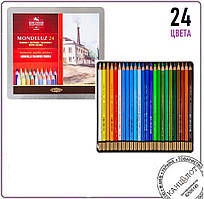 Олівці кольорові акварельні Mondeluz Landscape, 24 шт. в металевій коробці (3724024013)