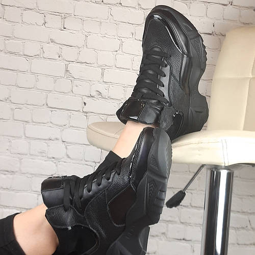 Кроссовки женские демисезонные кожаные на высокой платформе черные на ...