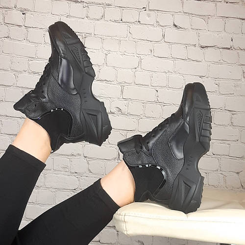 Кроссовки женские демисезонные кожаные на высокой платформе черные на ...