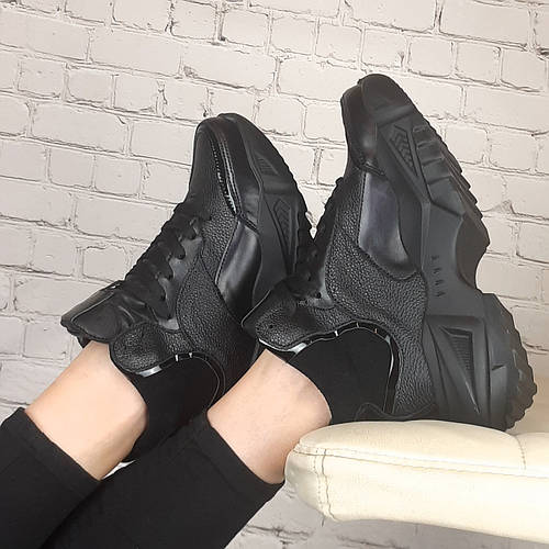 Кроссовки женские демисезонные кожаные на высокой платформе черные на ...