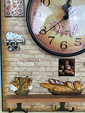 Дерев'яна настінна ключниця з годинником "Кухня", коричнева, фото 2