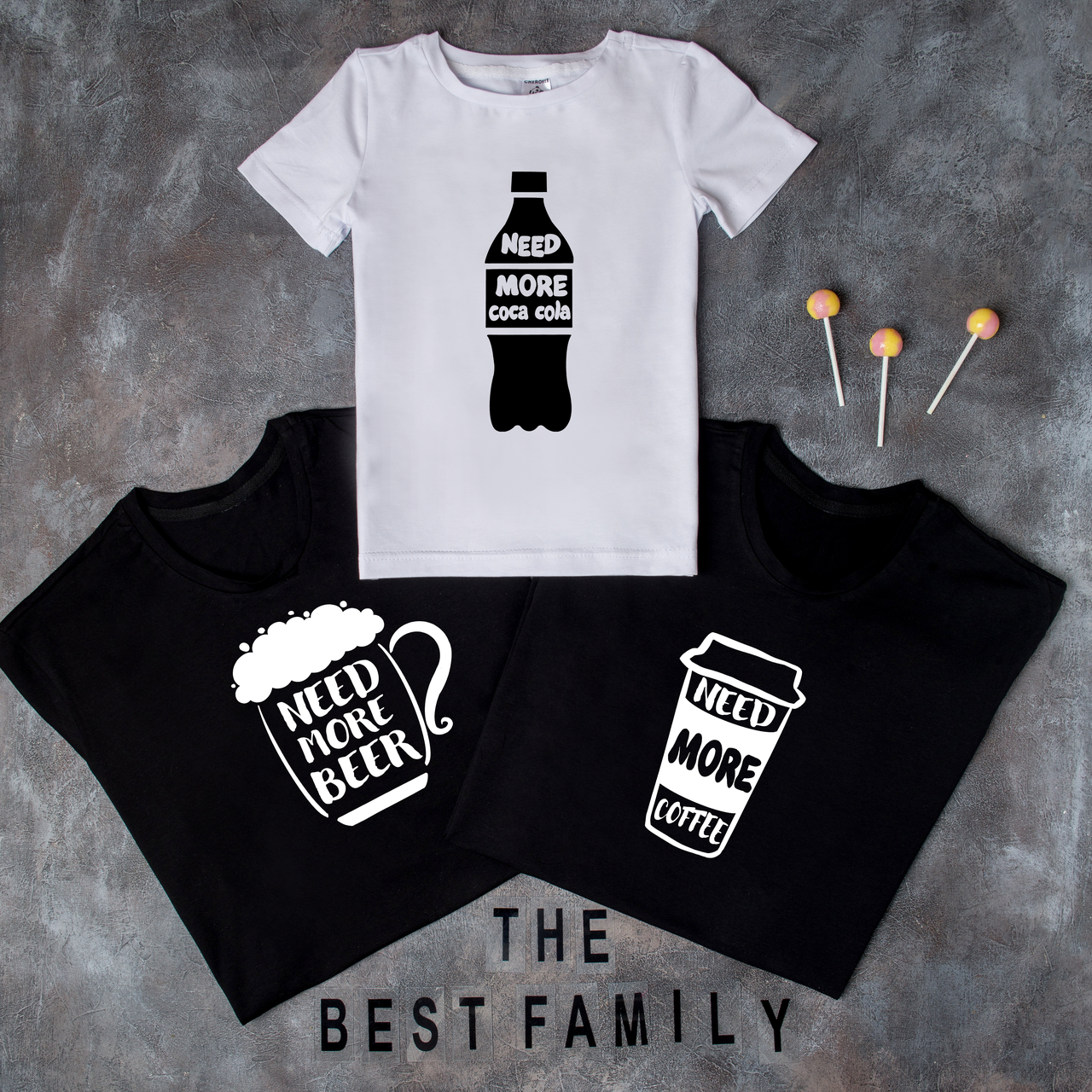 Футболки. Family Look - одяг для всієї родини "NEED MORE BEER/NEED MORE COFFEE/NEED MORE coca cola"