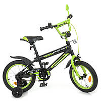 Двухколесный детский велосипед с катафотом и доп колесами 14 дюймов с Profi Prime Y14321-1 Черно-салатовый