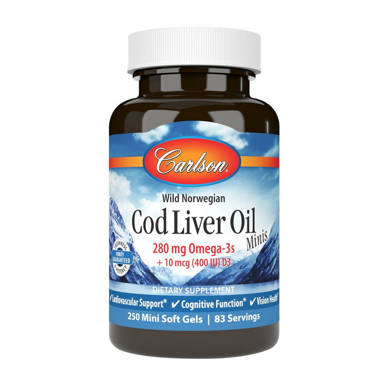 Carlson Labs Cod Liver Oil 280 mg Omega-3s + 10 mcg D3 Minis wild norwegian 250 mini soft gels рыбий