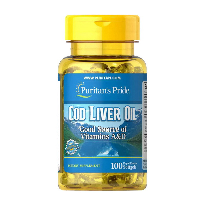 Олія печінки атлантичної тріски Puritan's Pride Cod Liver Oil vitamins A&D 100 softgels