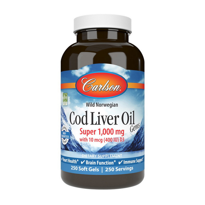 Carlson Labs Cod Liver Oil Super 1,000 mg With 10 mcg 400 IU D3 wild norwegian 250 soft gels риб'ячий жир/жирні