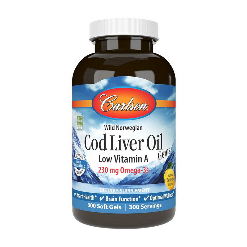 Омега-3 Carlson Labs Cod Liver Oil Low Vitamin A 230 mg Omega-3s wild norwegian 300 soft gels