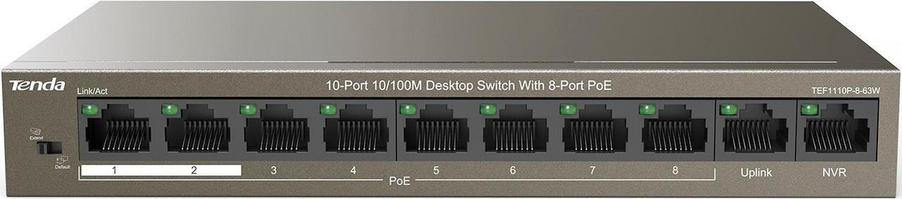 Tenda Комутатор TEF1110P-8-63W 8xFE PoE, 2xFE Uplink
