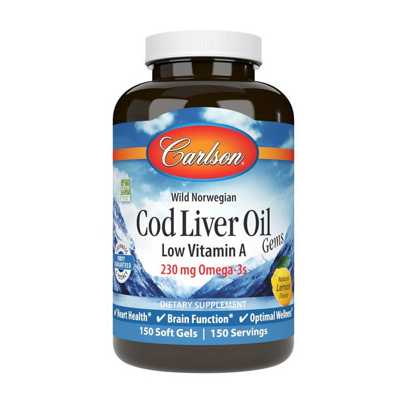 Олія печінки тріски Carlson Labs Cod Liver Oil Low Vitamin A 230 mg Omega-3s wild norwegian 150 soft gels