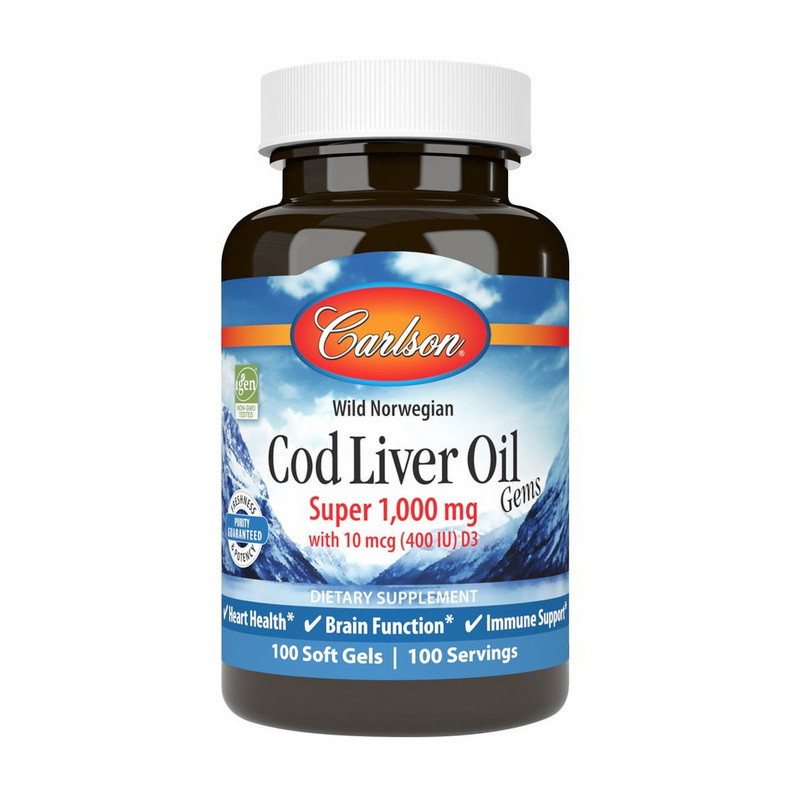 Carlson Labs Cod Liver Oil Super 1,000 mg With 10 mcg 400 IU D3 wild norwegian 100 soft gels риб'ячий жир/жирні