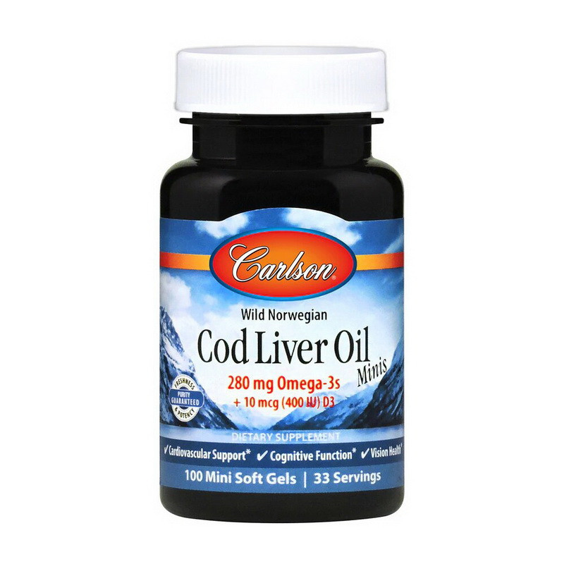 Олія печінки тріски Carlson Labs Cod Liver Oil 280 mg Omega-3s Minis 100 mini soft gels