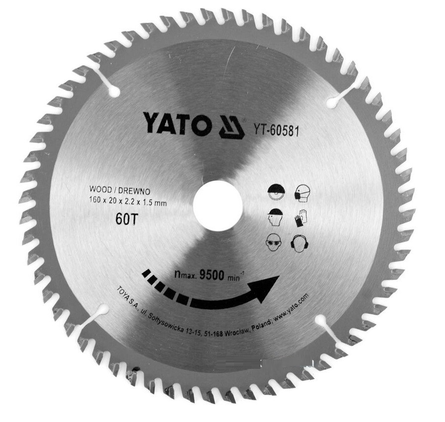 Диск пиляльний победітовий по дереву YATO: 160x20x2.2x1.5 мм, 60 зубців, R.P.M до 9500 1/хв YT-60581