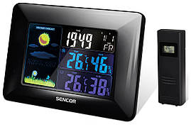 Sencor Метеостанція, внутр/зовн вимірювання, темп-ра, вологість, час, прогноз погоди, чорний