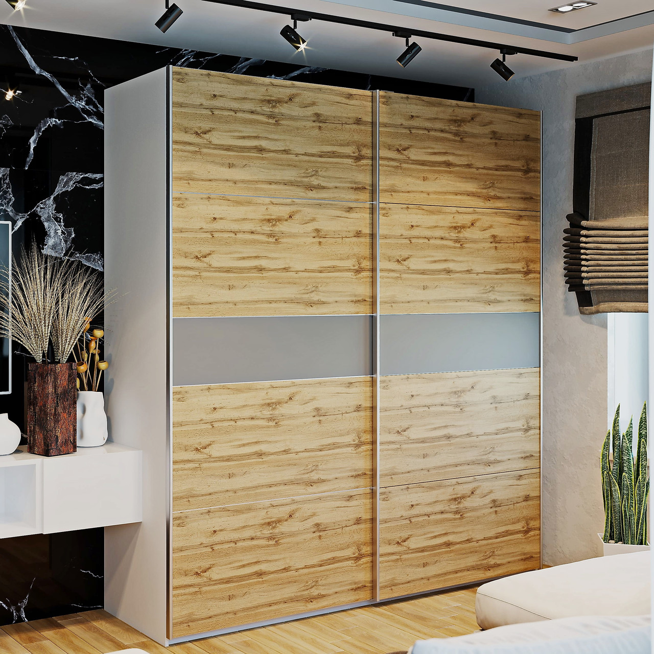 Шафа-купе "G-Caiser" 220х60х240 см. 2 ДСП/5 частин, Біла/Тахо/вставка Графіт, фото 1