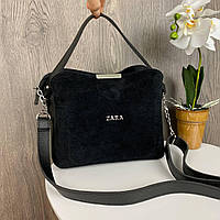 Женская мини сумочка на плечо натуральная замша + эко кожа черная, качественная сумка для девушек