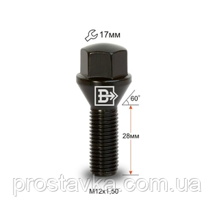 Болт C17A28 B-Cr M12X1,50X28 Чорний Хром Конус із виступом ключ 17 мм, фото 1