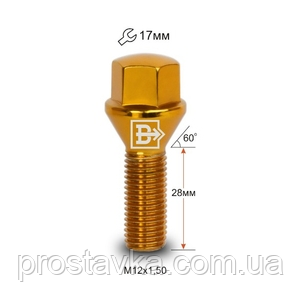 Болт C17A28 G-Cr M12X1,50X28 Золотий Хром Конус із виступом ключ 17 мм